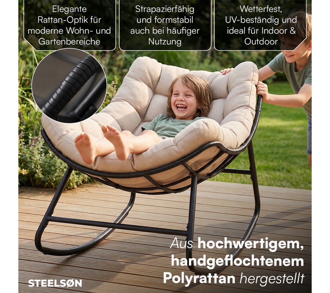 STEELSØN Schaukelstuhl Veldora Rattan XXL Schaukelsessel mit Sitzpolstern für Innen & Außen (Beige, Stahlgestell 75x100x65 cm), Relaxsessel wetterfest & rutschfest, Lounge Sessel bis 125 kg Bild 5