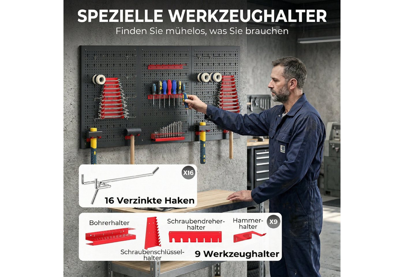 HOMCOM Lochwand Schüttenregal, Ablageböden, Sichtlagerkästen, Werkstattregal, 3 Stk., mit 16 Haken, (Lagersystem, 28-tlg., Wandregal), 60 x 40 x 2 cm Schwarz+Rot