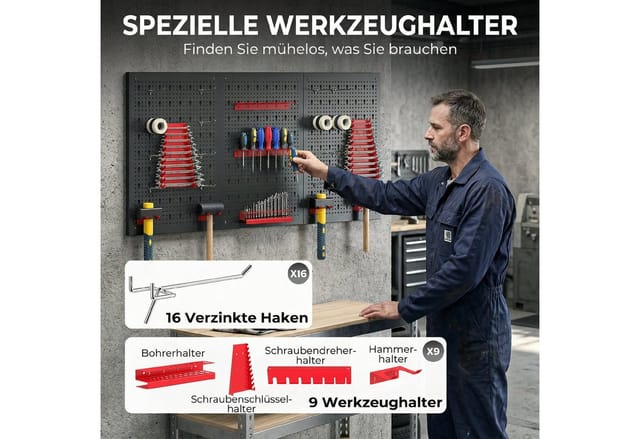 HOMCOM Lochwand Schüttenregal, Ablageböden, Sichtlagerkästen, Werkstattregal, 3 Stk., mit 16 Haken, (Lagersystem, 28-tlg., Wandregal), 60 x 40 x 2 cm Schwarz+Rot