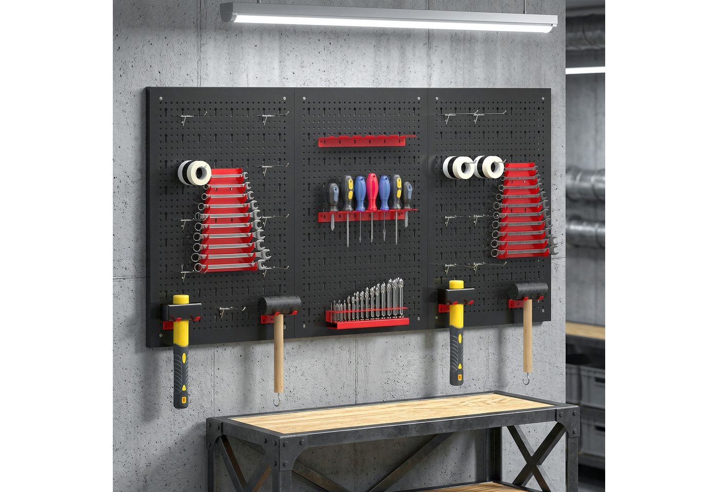 HOMCOM Lochwand Schüttenregal, Ablageböden, Sichtlagerkästen, Werkstattregal, 3 Stk., mit 16 Haken, (Lagersystem, 28-tlg., Wandregal), 60 x 40 x 2 cm Schwarz+Rot Bild 2