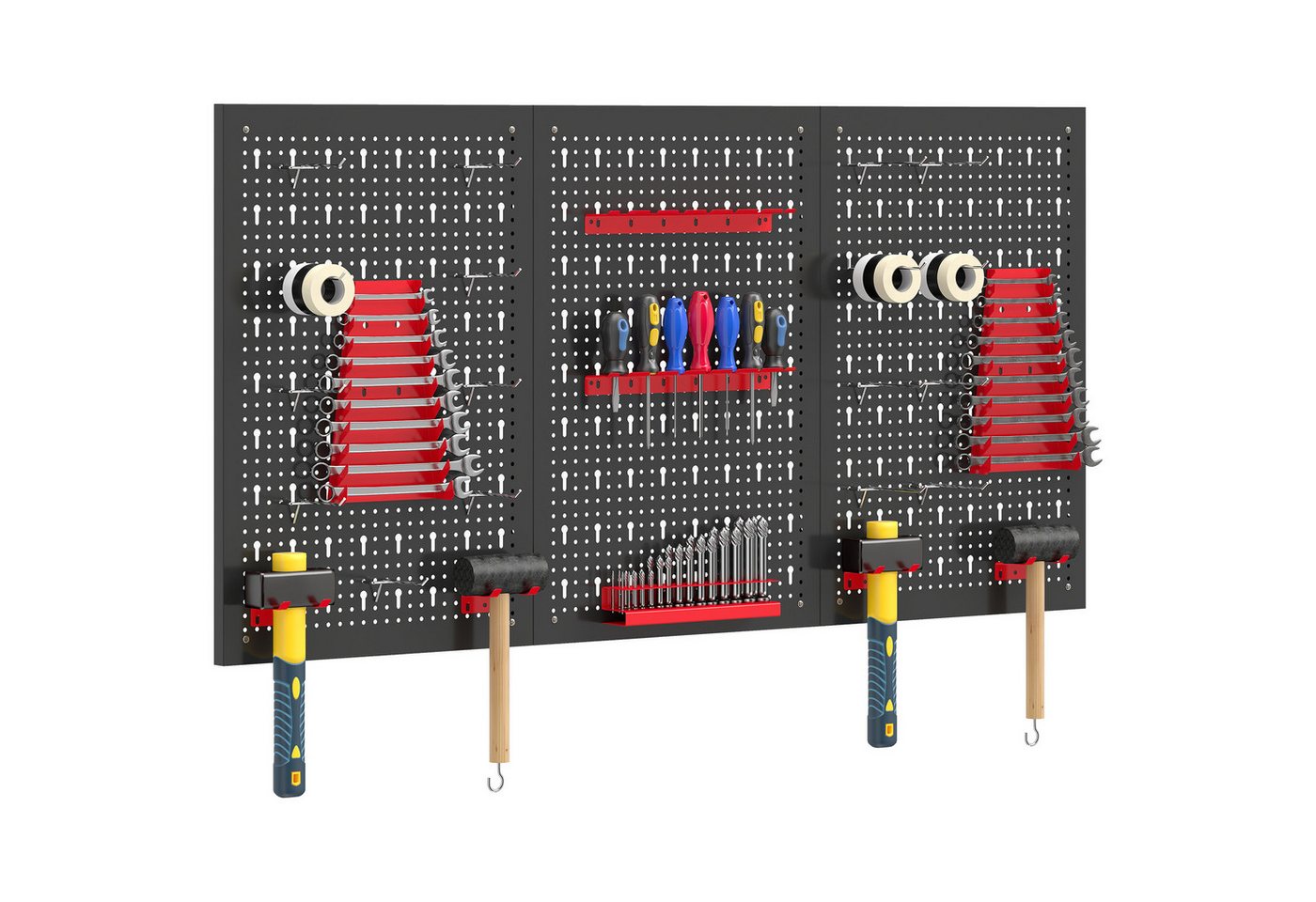 HOMCOM Lochwand Schüttenregal, Ablageböden, Sichtlagerkästen, Werkstattregal, 3 Stk., mit 16 Haken, (Lagersystem, 28-tlg., Wandregal), 60 x 40 x 2 cm Schwarz+Rot Bild 3