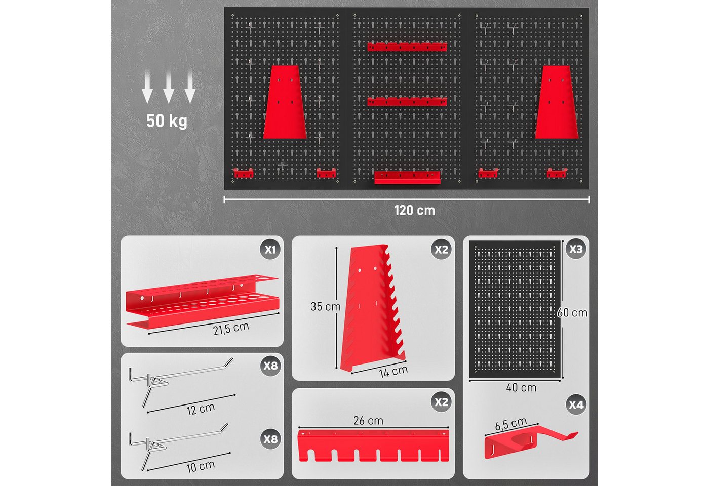 HOMCOM Lochwand Schüttenregal, Ablageböden, Sichtlagerkästen, Werkstattregal, 3 Stk., mit 16 Haken, (Lagersystem, 28-tlg., Wandregal), 60 x 40 x 2 cm Schwarz+Rot Bild 4