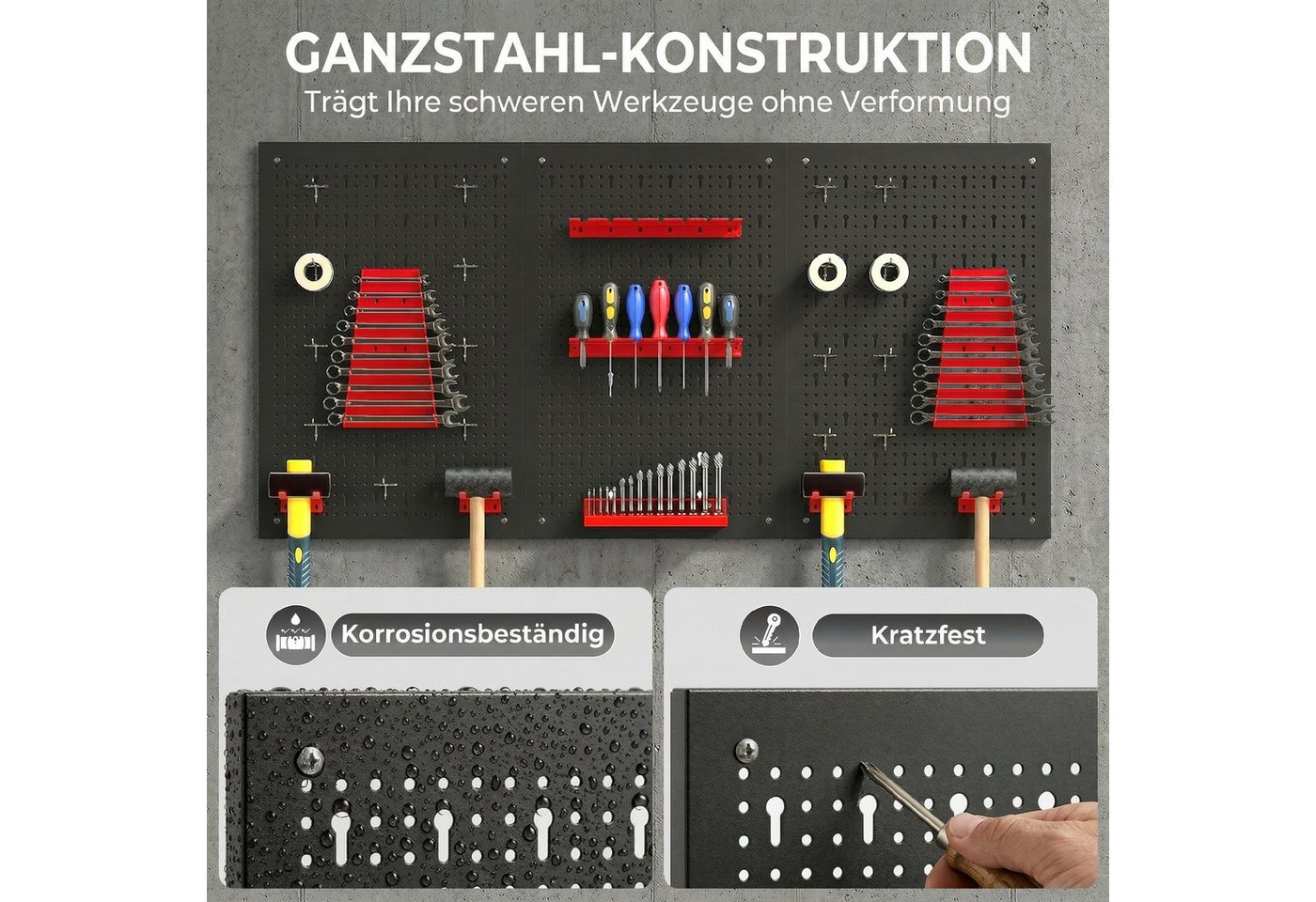 HOMCOM Lochwand Schüttenregal, Ablageböden, Sichtlagerkästen, Werkstattregal, 3 Stk., mit 16 Haken, (Lagersystem, 28-tlg., Wandregal), 60 x 40 x 2 cm Schwarz+Rot Bild 5
