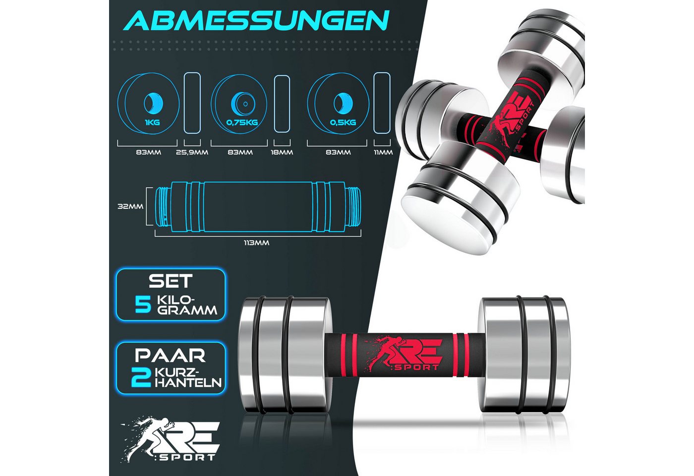 RE:SPORT Gartentisch RE:SPORT® 2er Hanteln Set aus massivem Stahl 2,5/5/7,5/10 kg, Hantel (Kurzhanteln Home Gym, Krafttraining & Muskelaufbau, Fitness Kurzhantel mit Gewichten & Schaumstoffgriff), 2er Hanteln Set aus Stahl 2,5/5/7,5/10 kg Hantel