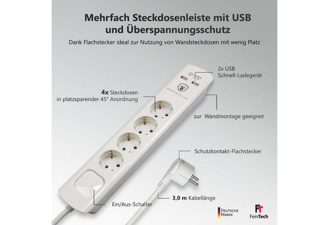 FeinTech Mehrfachsteckdose 4-fach (Ein- / Ausschalter, USB-Anschlüsse, Schalterbeleuchtung, Überspannungschutz, Kabellänge 3.0 m), Flachstecker