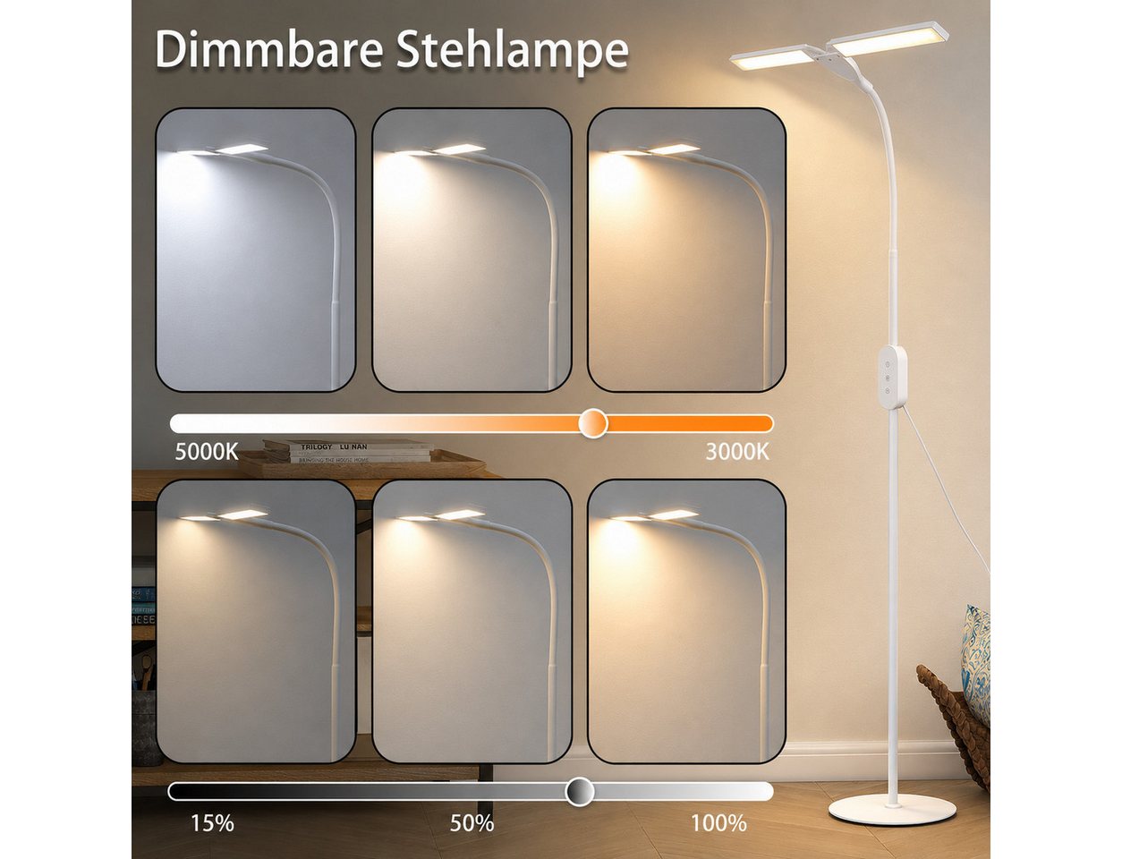 ZMH LED Stehlampe LED dimmbar Leselampe 9W Timer Memory einstellbar Touch, dimmbar, LED fest integriert, flexibel verstellbar, schwenkbar