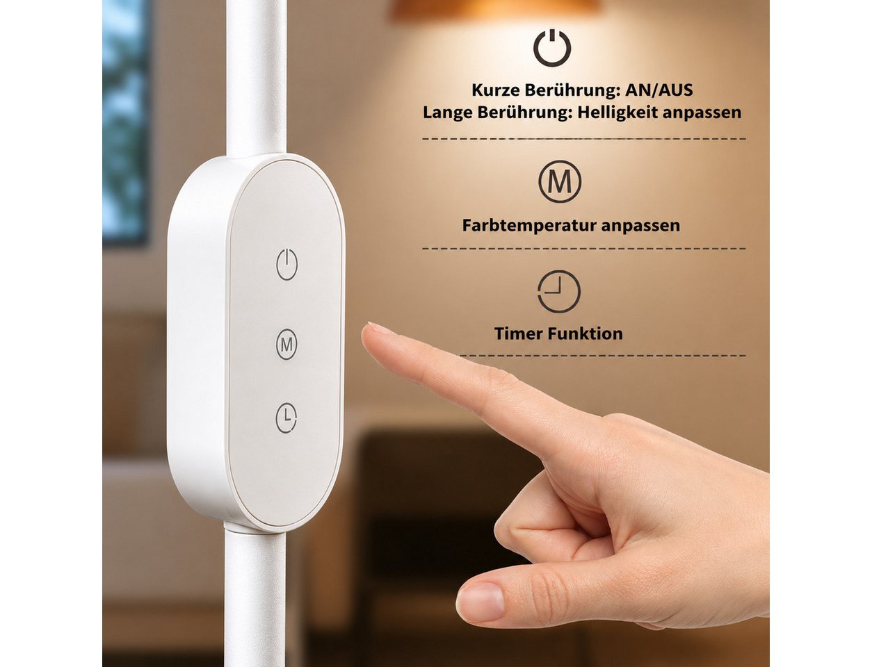 ZMH LED Stehlampe LED dimmbar Leselampe 9W Timer Memory einstellbar Touch, dimmbar, LED fest integriert, flexibel verstellbar, schwenkbar Bild 3