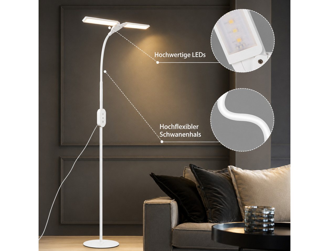 ZMH LED Stehlampe LED dimmbar Leselampe 9W Timer Memory einstellbar Touch, dimmbar, LED fest integriert, flexibel verstellbar, schwenkbar Bild 4