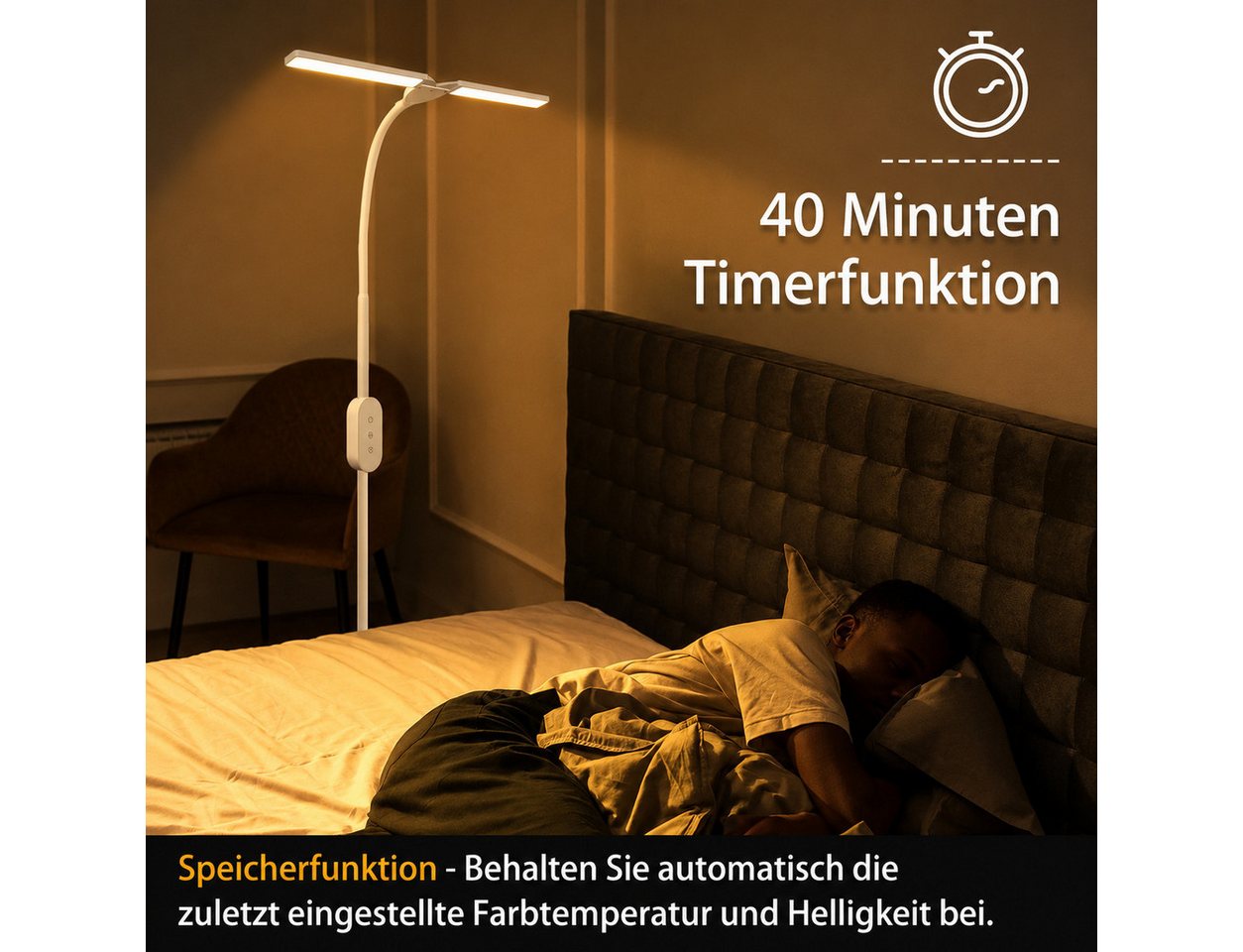 ZMH LED Stehlampe LED dimmbar Leselampe 9W Timer Memory einstellbar Touch, dimmbar, LED fest integriert, flexibel verstellbar, schwenkbar Bild 5