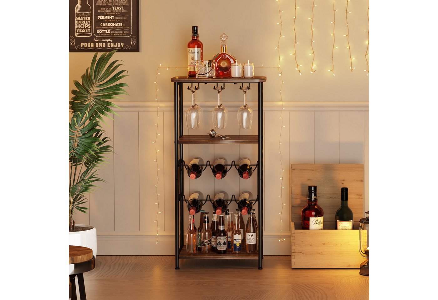 Dripex Weinregal 5 Etagen Weinregal Vintage für 6 Flaschen und 9 Gläser Bild 3