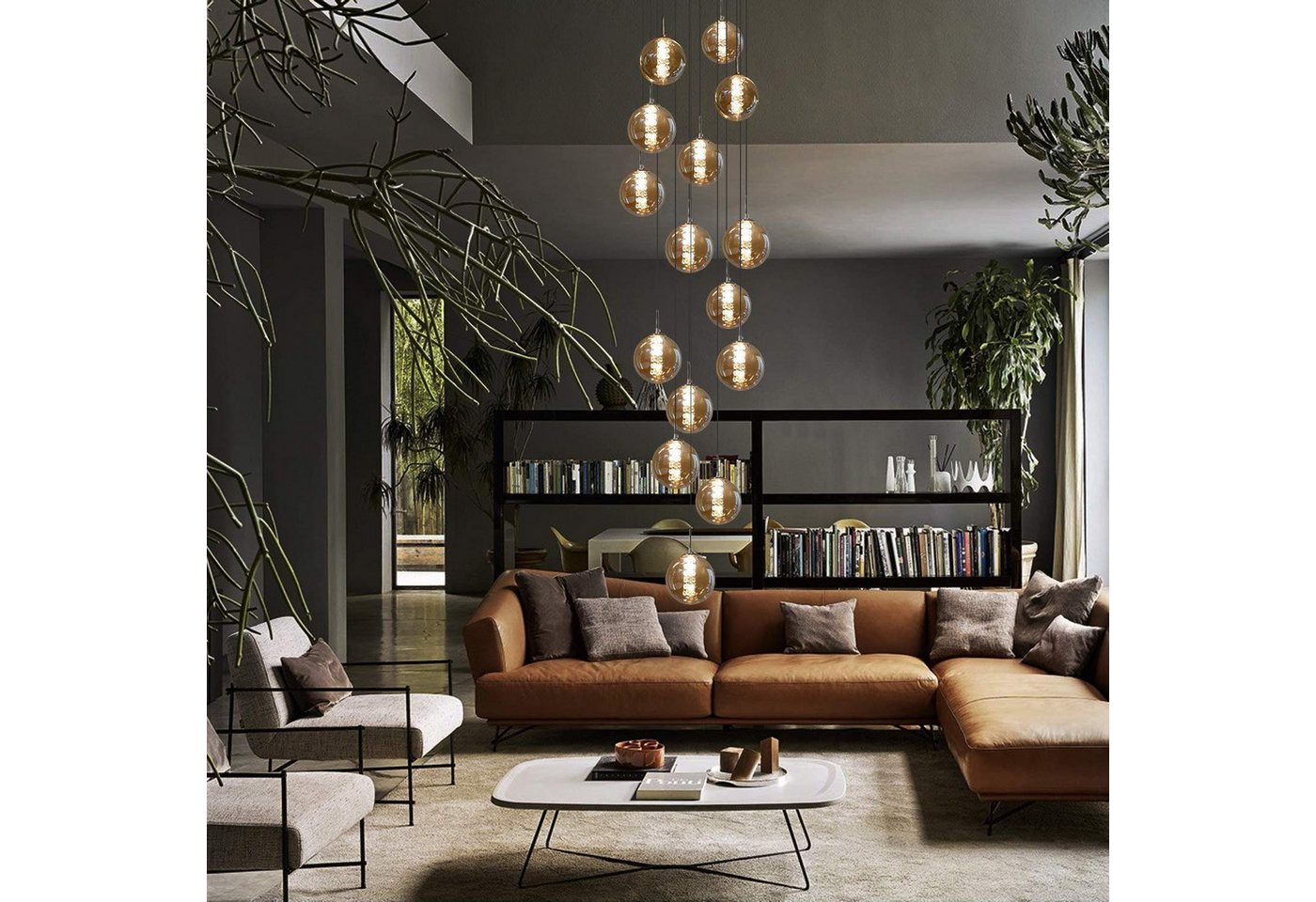 ZMH Pendelleuchte G9 15-flammig Glas höhenverstellbar LED Esszimmer Wohnzimmer, LED wechselbar, 45W,warmweiß, Glaskugeln, bernsteinfarbene Glaskugeln Bild 3