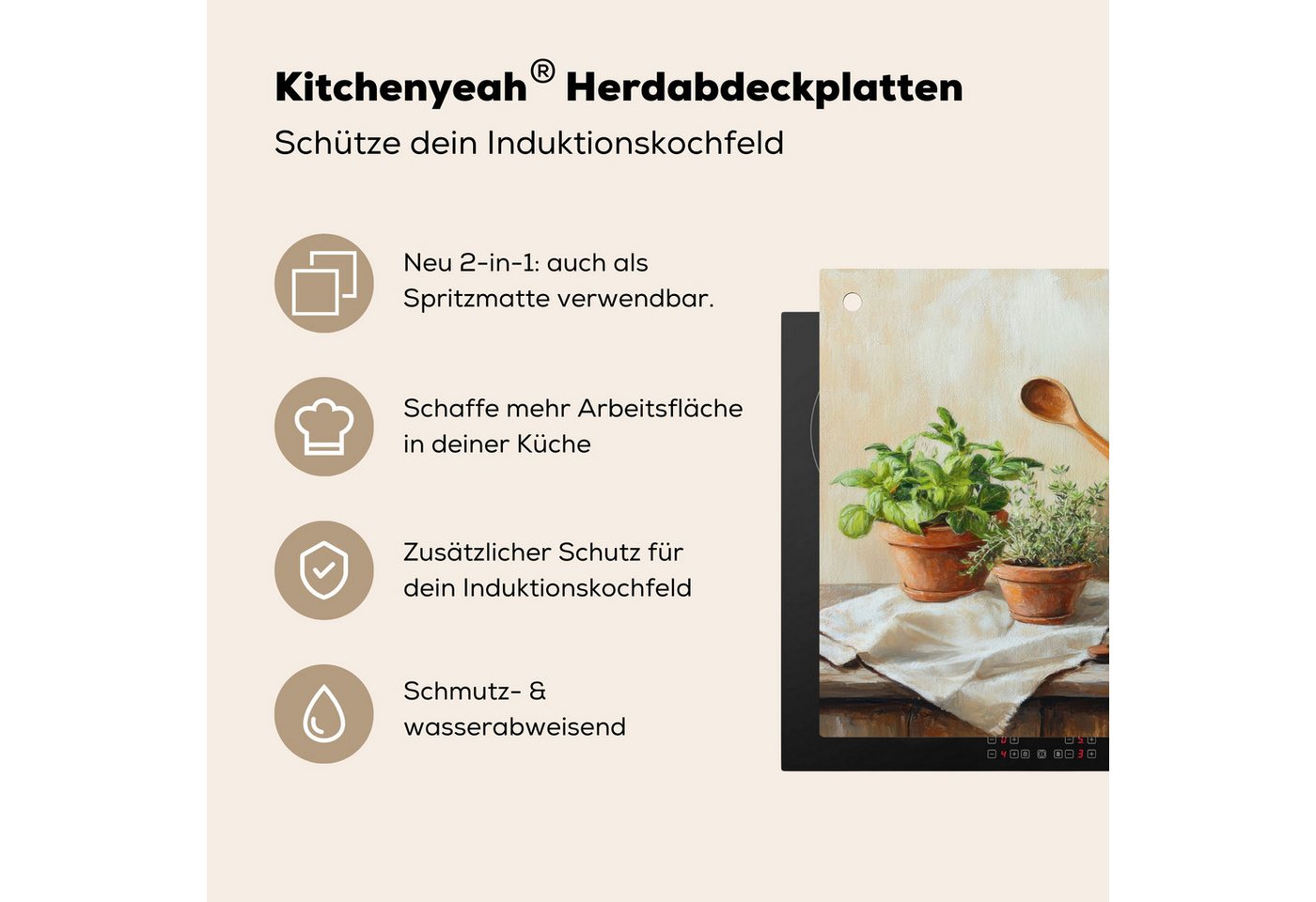 KitchenYeah Küchenrückwand Töpfe - Kräuter - Holz, (1-tlg), Spritzschutz Küche, Herdabdeckplatte Einteilig, 70x52 cm