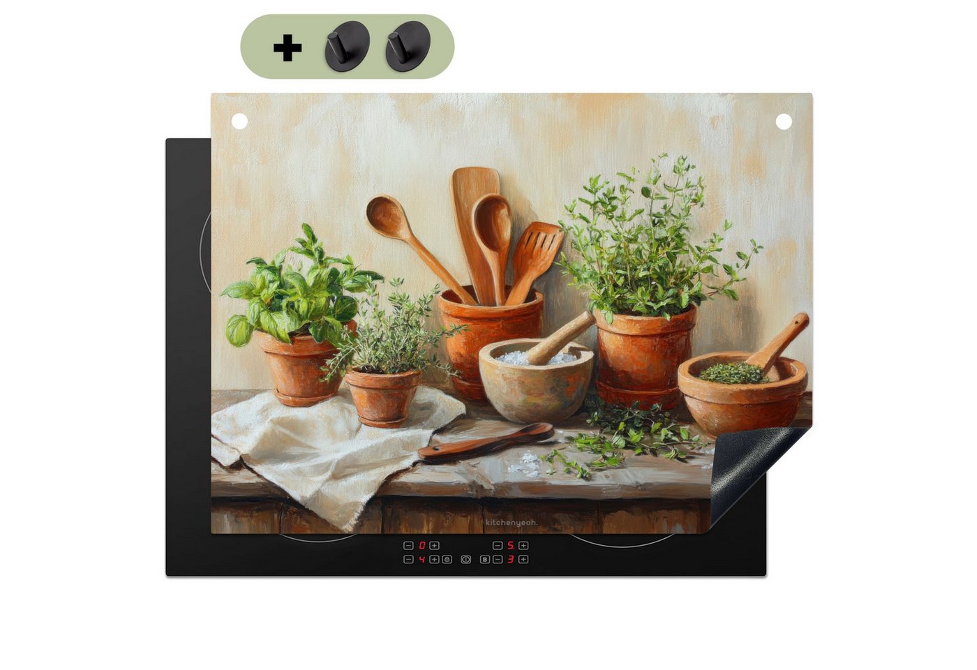 KitchenYeah Küchenrückwand Töpfe - Kräuter - Holz, (1-tlg), Spritzschutz Küche, Herdabdeckplatte Einteilig, 70x52 cm Bild 2