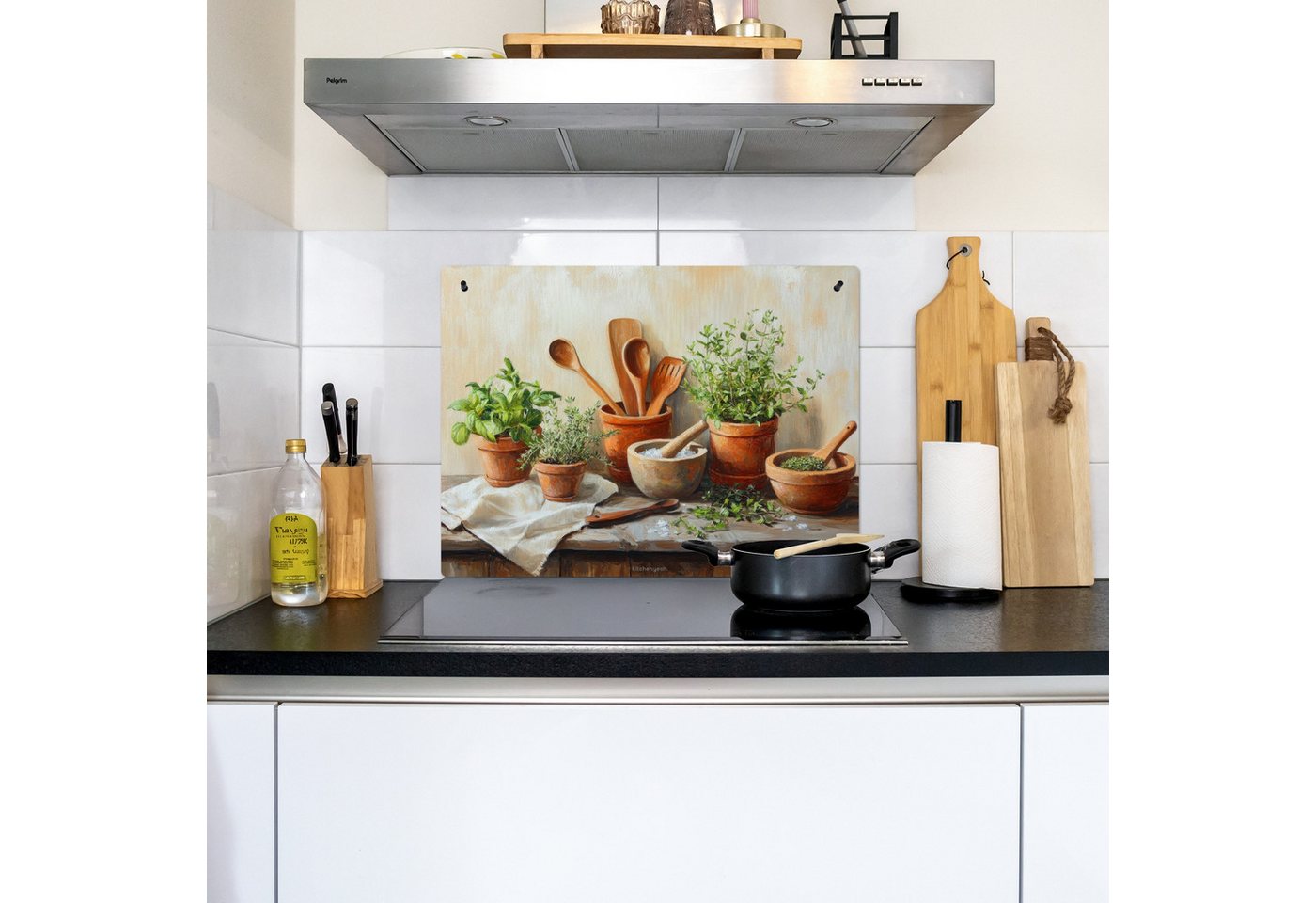 KitchenYeah Küchenrückwand Töpfe - Kräuter - Holz, (1-tlg), Spritzschutz Küche, Herdabdeckplatte Einteilig, 70x52 cm Bild 3