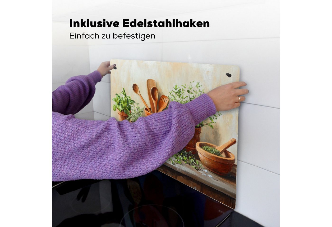 KitchenYeah Küchenrückwand Töpfe - Kräuter - Holz, (1-tlg), Spritzschutz Küche, Herdabdeckplatte Einteilig, 70x52 cm Bild 4