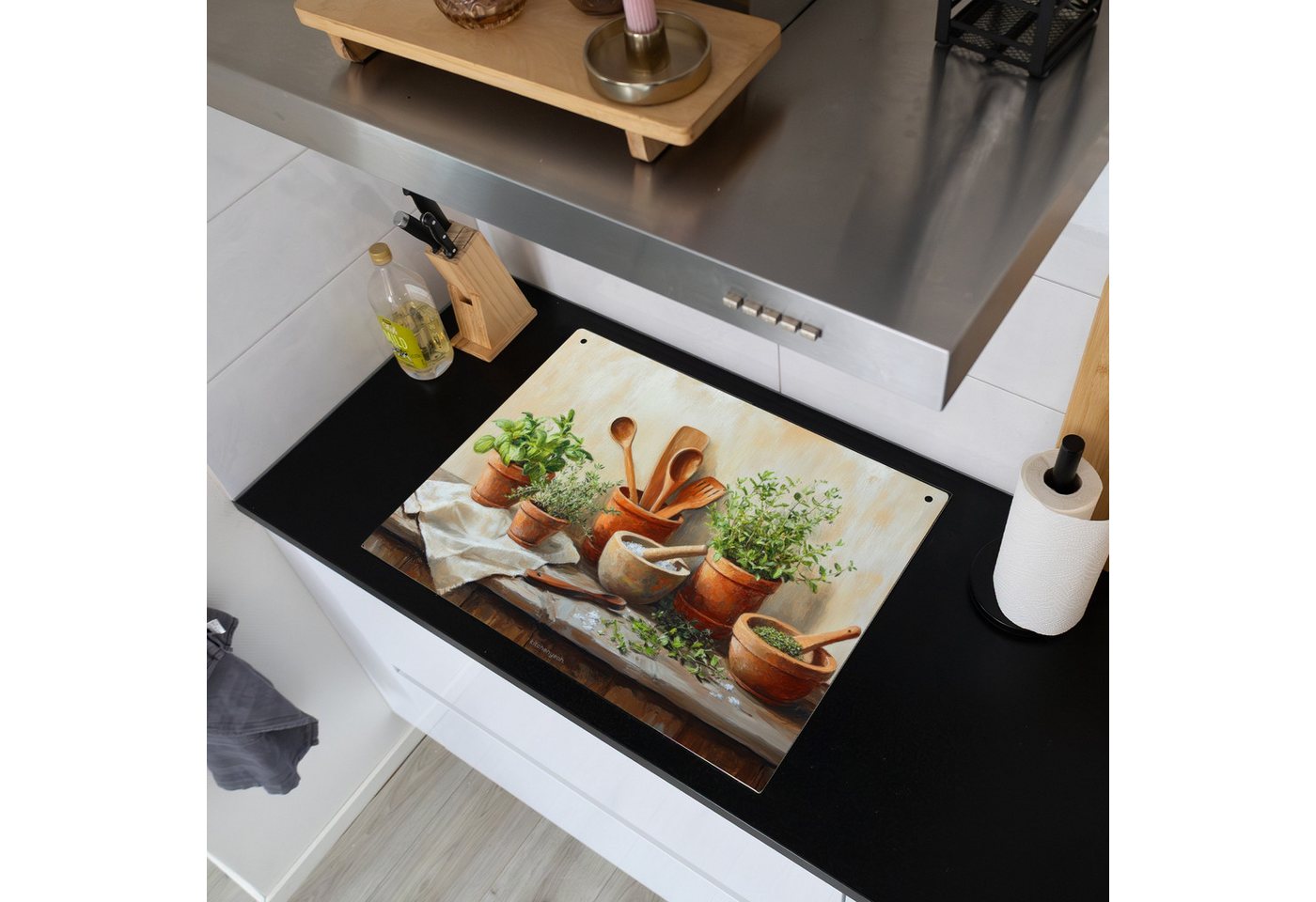 KitchenYeah Küchenrückwand Töpfe - Kräuter - Holz, (1-tlg), Spritzschutz Küche, Herdabdeckplatte Einteilig, 70x52 cm Bild 5