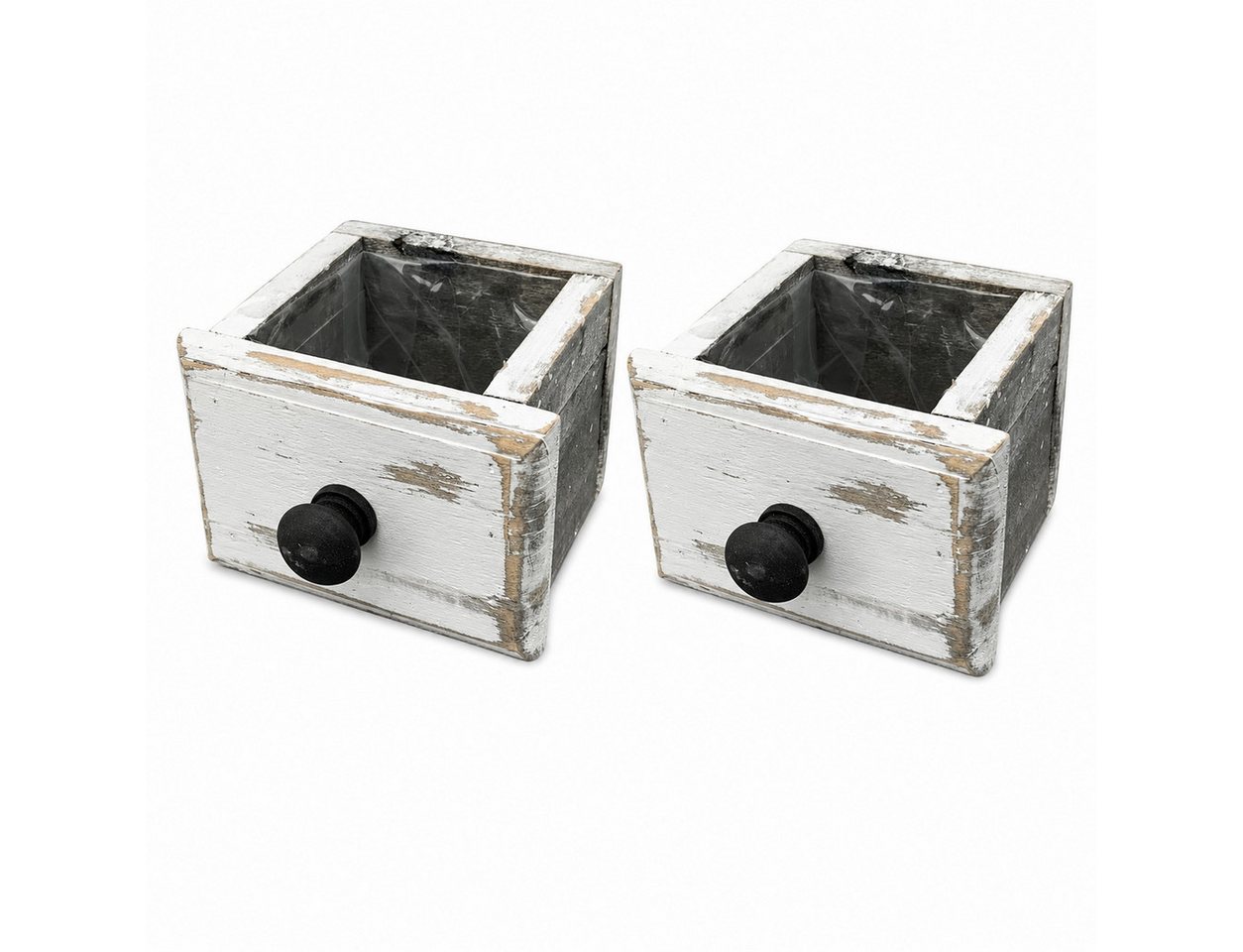 finehomegarden Blumentopf Schublade weiß Shappy Holz 2er Set Ø18x14cm H13cm Pflanzkasten (2 St), Blumenkasten Kräuter Blumen Landhaus / Paket