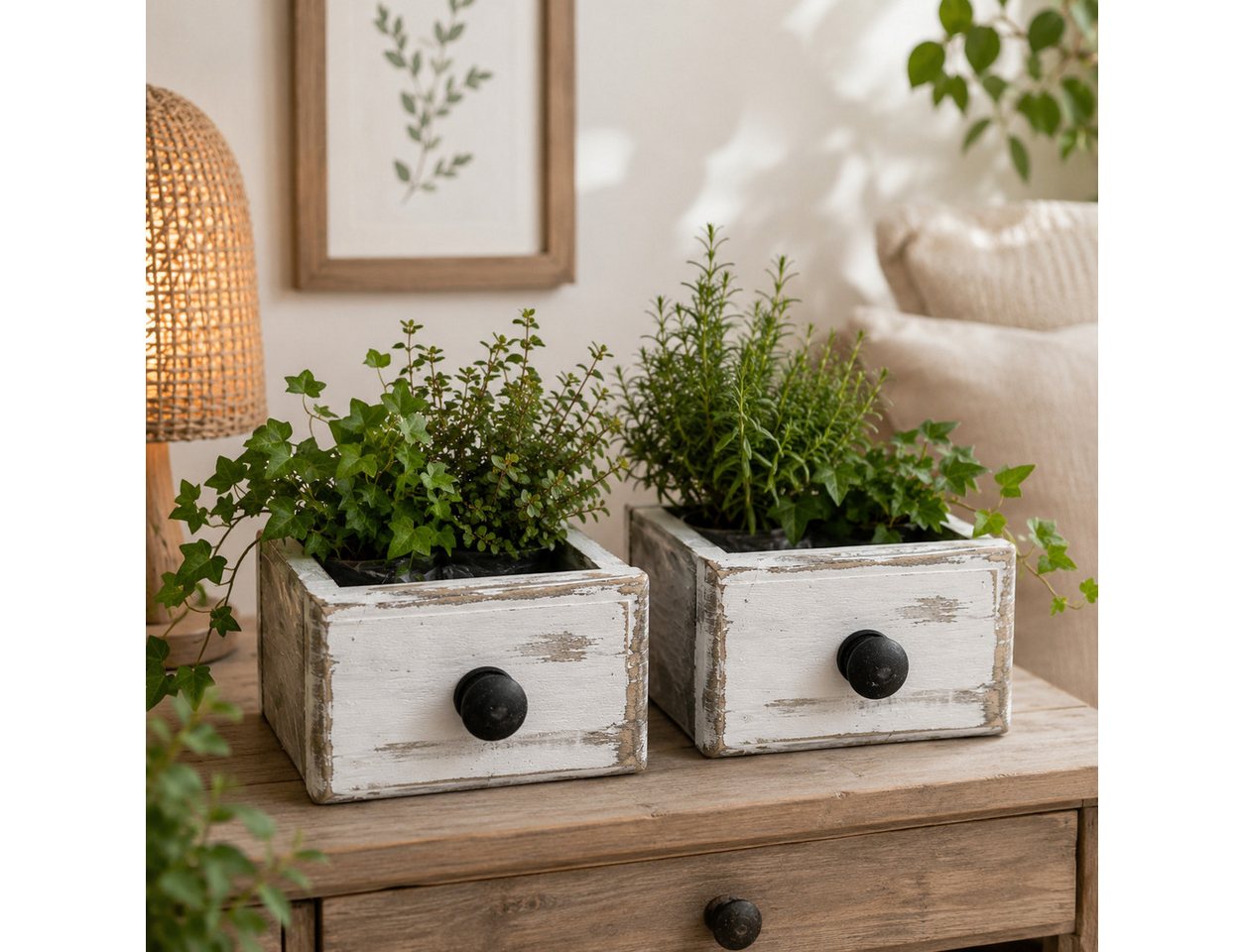 finehomegarden Blumentopf Schublade weiß Shappy Holz 2er Set Ø18x14cm H13cm Pflanzkasten (2 St), Blumenkasten Kräuter Blumen Landhaus / Paket Bild 2