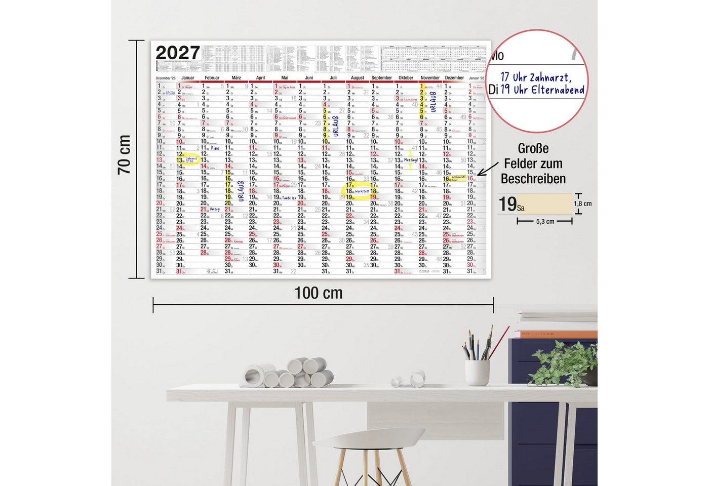 TOBJA Wandkalender Wandkalender 2027 XXL B1 Gerollt 70x100 cm Jahresplaner, 14 Monate, Ferien DE/AT, KW, FSC, gerollt