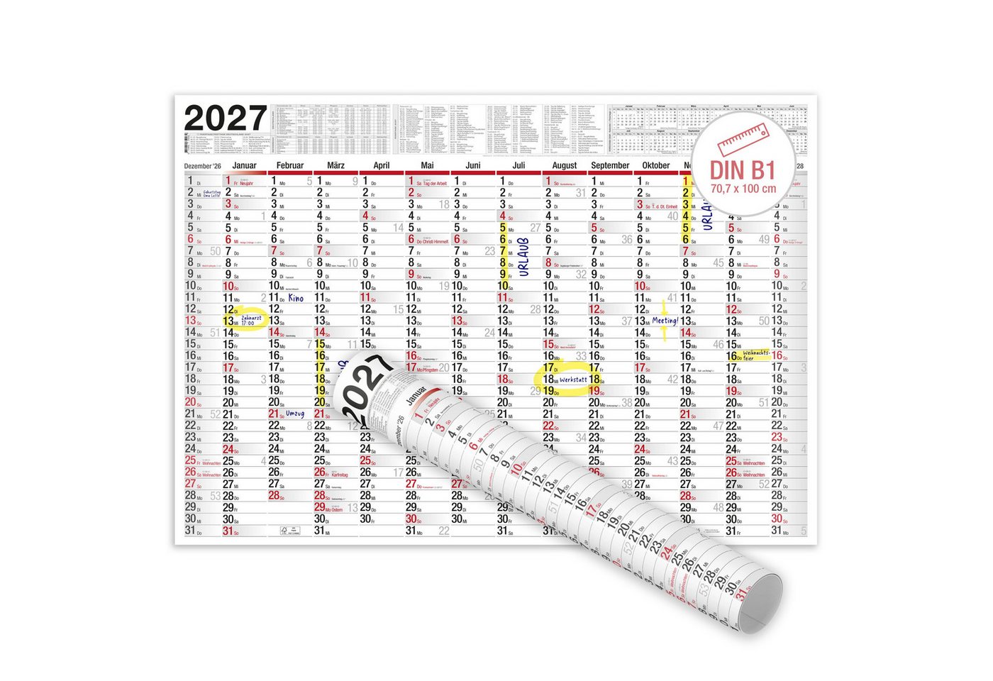 TOBJA Wandkalender Wandkalender 2027 XXL B1 Gerollt 70x100 cm Jahresplaner, 14 Monate, Ferien DE/AT, KW, FSC, gerollt Bild 2