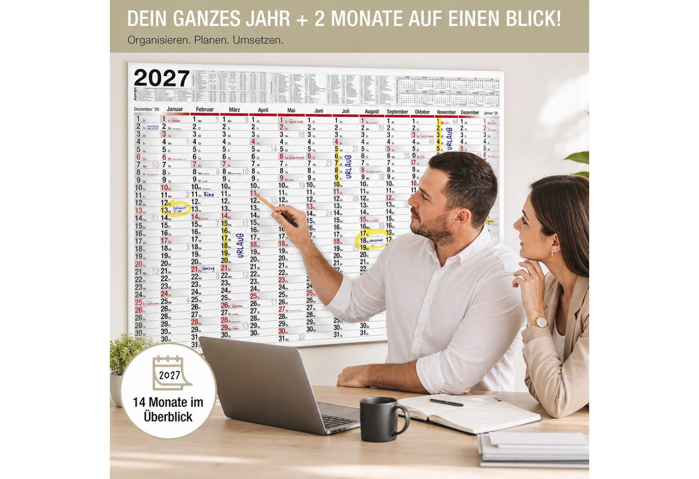 TOBJA Wandkalender Wandkalender 2027 XXL B1 Gerollt 70x100 cm Jahresplaner, 14 Monate, Ferien DE/AT, KW, FSC, gerollt Bild 3