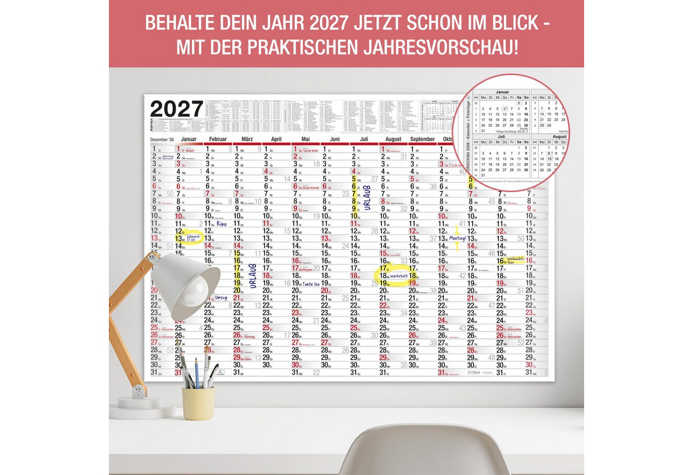 TOBJA Wandkalender Wandkalender 2027 XXL B1 Gerollt 70x100 cm Jahresplaner, 14 Monate, Ferien DE/AT, KW, FSC, gerollt Bild 4