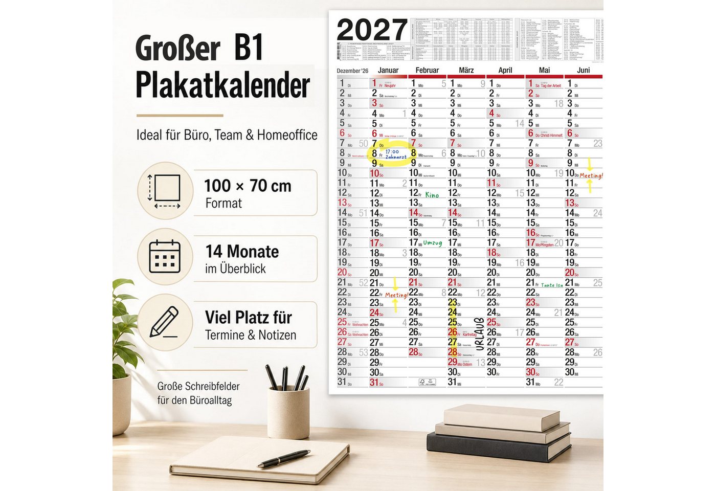TOBJA Wandkalender Wandkalender 2027 XXL B1 Gerollt 70x100 cm Jahresplaner, 14 Monate, Ferien DE/AT, KW, FSC, gerollt Bild 5