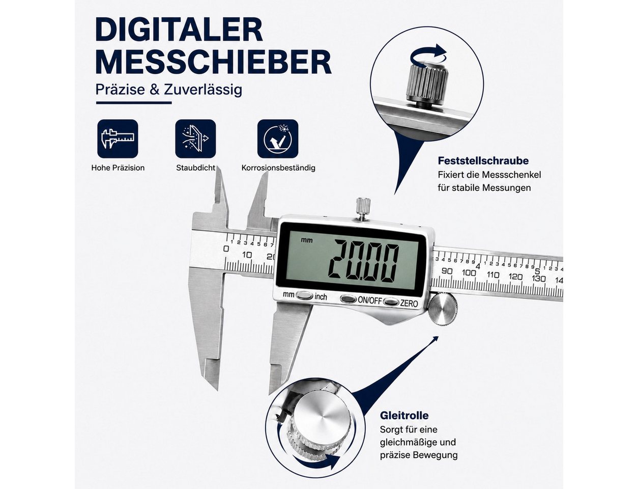 SOFTWEARY Messschieber aus Edelstahl, USB wiederaufladbar, max. 150 mm, Digital Messlehre mit LCD Display, Schieblehre 2 Modi
