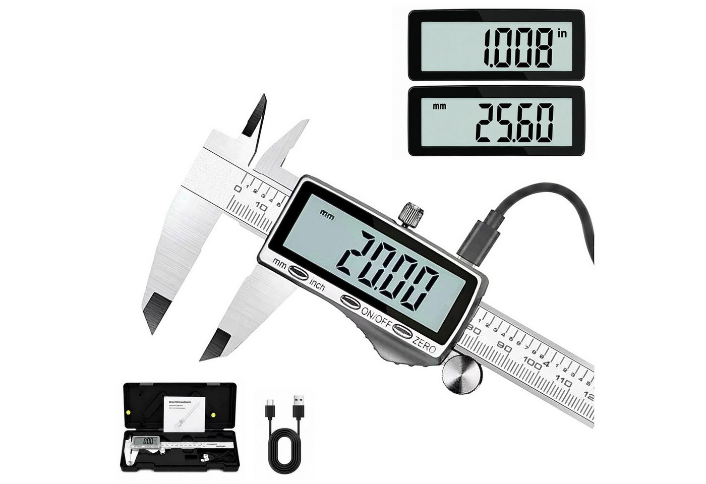 SOFTWEARY Messschieber aus Edelstahl, USB wiederaufladbar, max. 150 mm, Digital Messlehre mit LCD Display, Schieblehre 2 Modi Bild 2