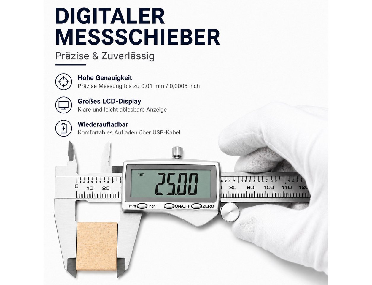 SOFTWEARY Messschieber aus Edelstahl, USB wiederaufladbar, max. 150 mm, Digital Messlehre mit LCD Display, Schieblehre 2 Modi Bild 3