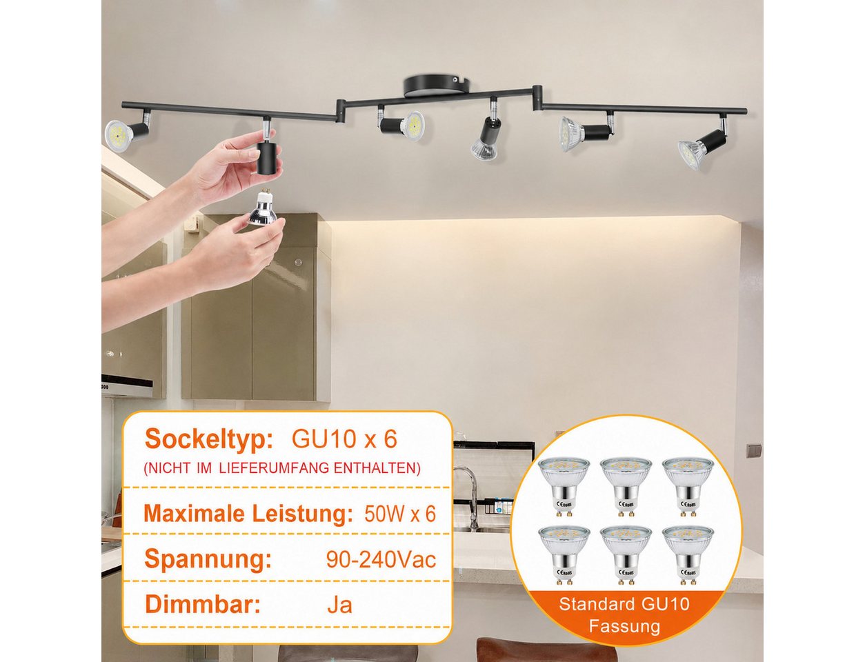 AIBOO Deckenstrahler 6-flammige schwarz mit verstellbarem Winkel, ohne Leuchtmittel, Individuell je nach Leuchtmittel, klappbaren flexiblen Armen, GU10-Fassungen, ohne Leuchtmittel