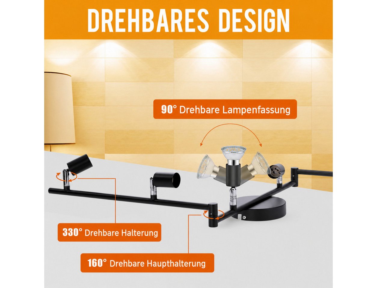 AIBOO Deckenstrahler 6-flammige schwarz mit verstellbarem Winkel, ohne Leuchtmittel, Individuell je nach Leuchtmittel, klappbaren flexiblen Armen, GU10-Fassungen, ohne Leuchtmittel Bild 2
