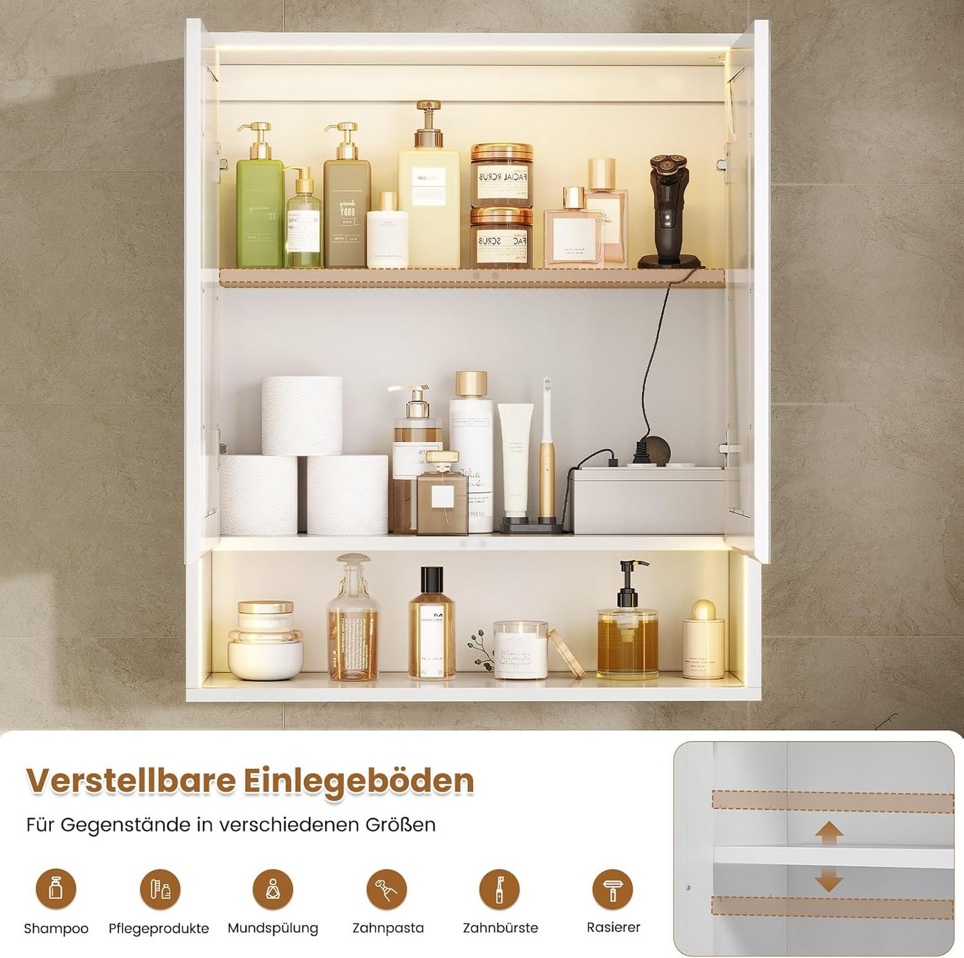 MSMASK Badezimmerspiegelschrank mit LED Beleuchtung, Steckdose & 3 Farbtemperaturen, 60x70x19 cm, Weiß (1-St) 3-stufig höhenverstellbare Ablage