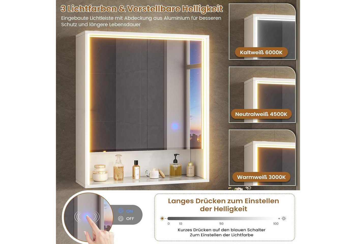 MSMASK Badezimmerspiegelschrank mit LED Beleuchtung, Steckdose & 3 Farbtemperaturen, 60x70x19 cm, Weiß (1-St) 3-stufig höhenverstellbare Ablage Bild 2