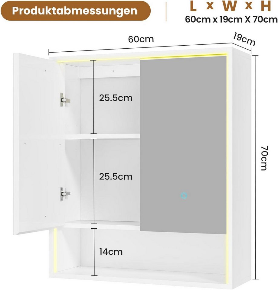 MSMASK Badezimmerspiegelschrank mit LED Beleuchtung, Steckdose & 3 Farbtemperaturen, 60x70x19 cm, Weiß (1-St) 3-stufig höhenverstellbare Ablage Bild 3