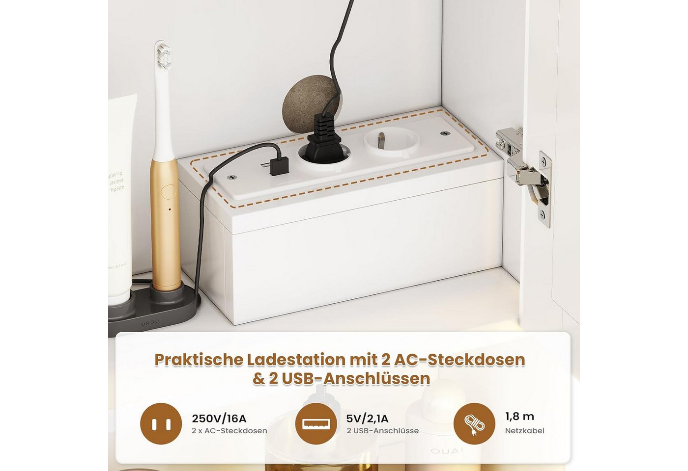MSMASK Badezimmerspiegelschrank mit LED Beleuchtung, Steckdose & 3 Farbtemperaturen, 60x70x19 cm, Weiß (1-St) 3-stufig höhenverstellbare Ablage Bild 4