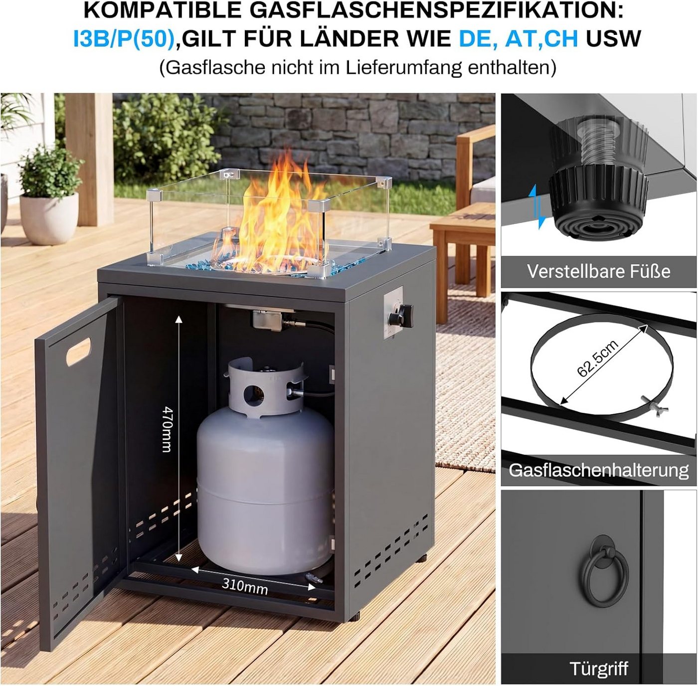 TLGREEN Feuerstelle Gas Feuerstelle 20 Zoll Quadratisch, (Outdoor Feuertisch mit Glaswindschutz 14,5 kW, Flüssiggas Gaskamin Garten Terrasse Balkon mit Schutzhülle Glassteinen), 4PCS Füße, 50x50x62cm Bild 2