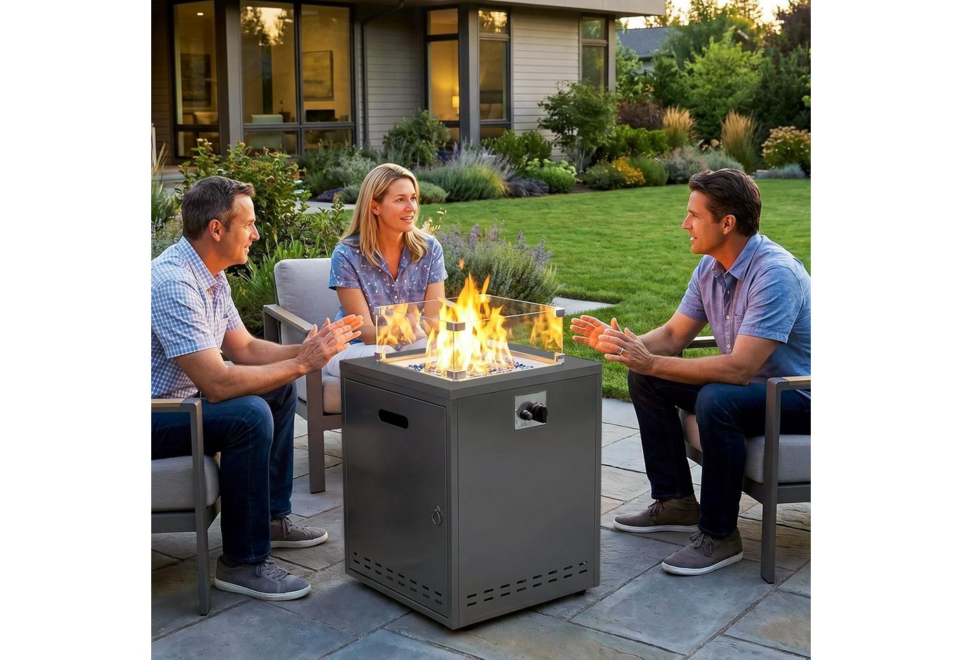 TLGREEN Feuerstelle Gas Feuerstelle 20 Zoll Quadratisch, (Outdoor Feuertisch mit Glaswindschutz 14,5 kW, Flüssiggas Gaskamin Garten Terrasse Balkon mit Schutzhülle Glassteinen), 4PCS Füße, 50x50x62cm Bild 4