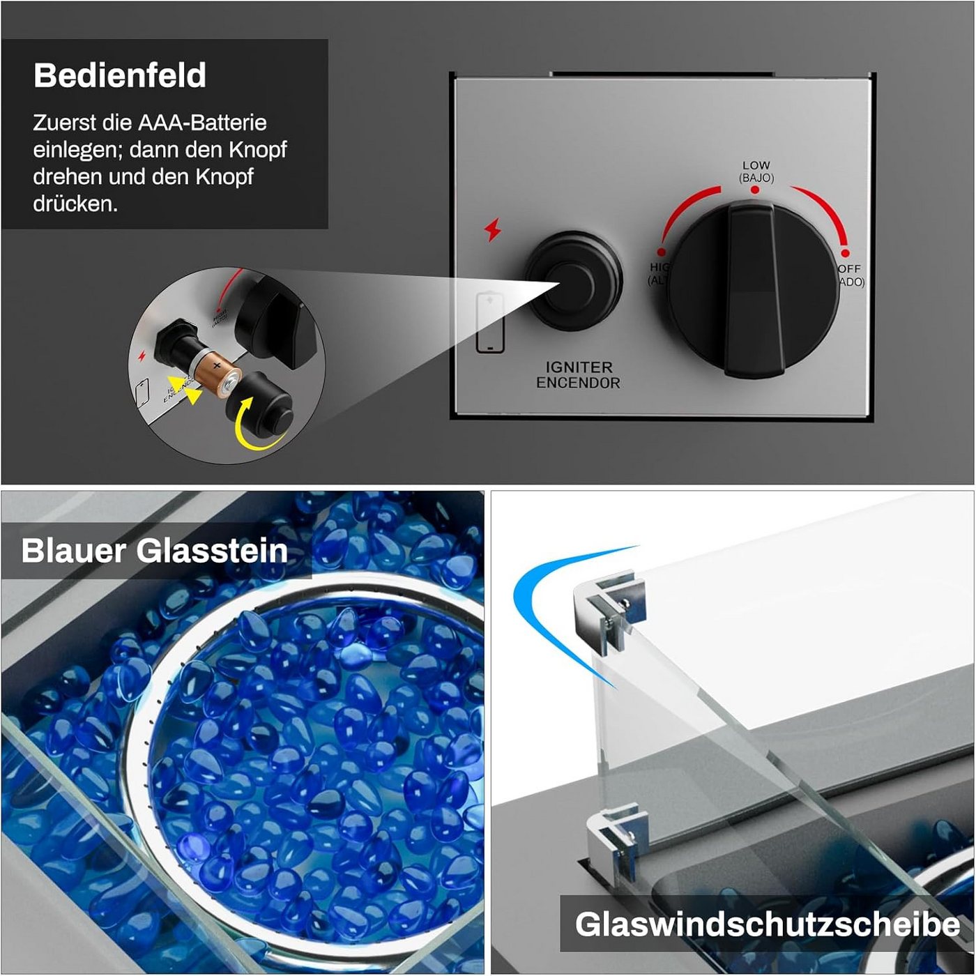 TLGREEN Feuerstelle Gas Feuerstelle 20 Zoll Quadratisch, (Outdoor Feuertisch mit Glaswindschutz 14,5 kW, Flüssiggas Gaskamin Garten Terrasse Balkon mit Schutzhülle Glassteinen), 4PCS Füße, 50x50x62cm Bild 5