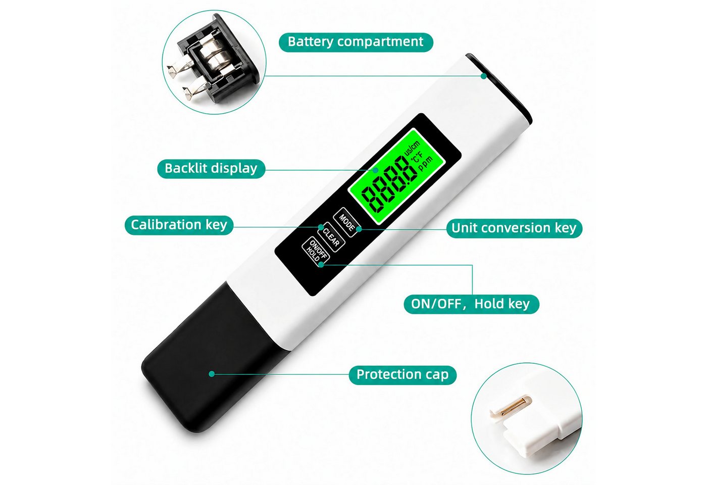 Bolwins Aquarium-Wassertest M18C 4-in-1 Wassertester TDS EC Temperatur für Trinkwasser & Aquarium, 4 Messparameter, Wassertester-Set, 2-tlg., 1× M18C 4-in-1 digitaler Wassertester, 1× transparente Box, 4-in-1 TDS-, EC- und Temperaturmessung, beleuchtetes LCD-Display Bild 2