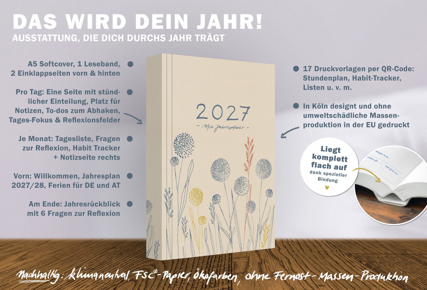 Eine der Guten Verlag Terminkalender Terminkalender Terminplaner 2027 - 365 gute Tage A5, Creme Blau, 1 Seite/ Tag, 408 S. FSC-Papier, Softcover, klimaneutral