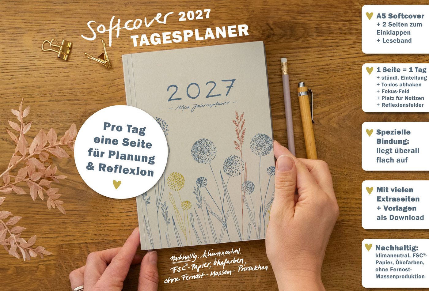 Eine der Guten Verlag Terminkalender Terminkalender Terminplaner 2027 - 365 gute Tage A5, Creme Blau, 1 Seite/ Tag, 408 S. FSC-Papier, Softcover, klimaneutral Bild 3