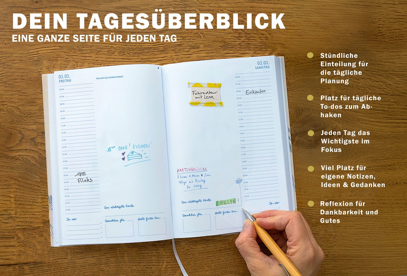 Eine der Guten Verlag Terminkalender Terminkalender Terminplaner 2027 - 365 gute Tage A5, Creme Blau, 1 Seite/ Tag, 408 S. FSC-Papier, Softcover, klimaneutral Bild 4