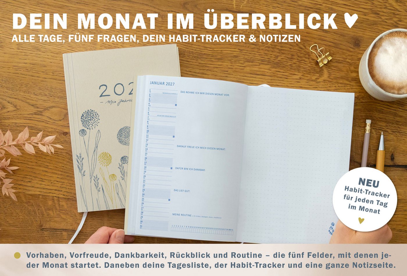 Eine der Guten Verlag Terminkalender Terminkalender Terminplaner 2027 - 365 gute Tage A5, Creme Blau, 1 Seite/ Tag, 408 S. FSC-Papier, Softcover, klimaneutral Bild 5