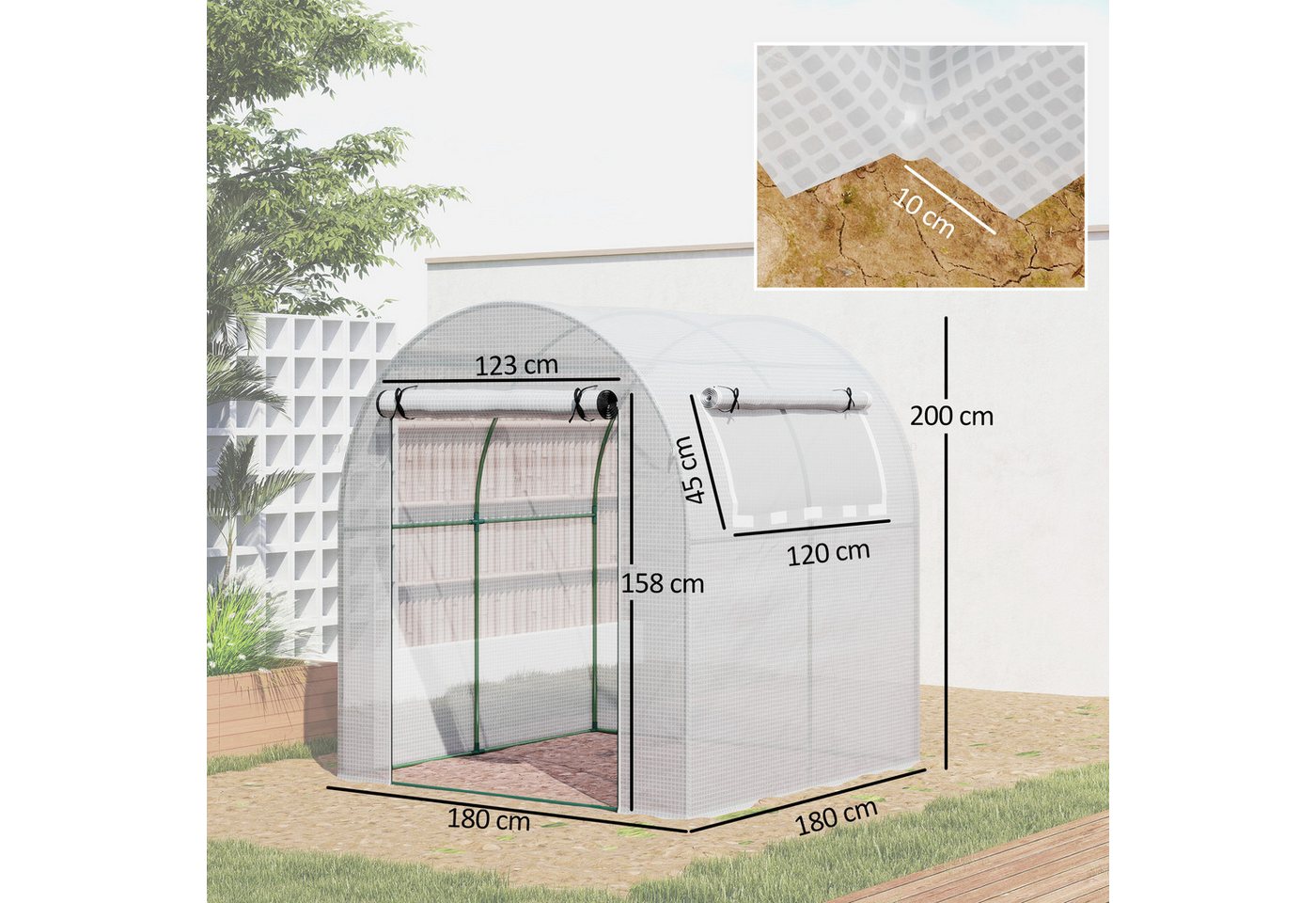 Outsunny Foliengewächshaus Tomatenhaus Winterfest Treibhaus mit Aufrollbare Fenster & Tür, BxTxH: 180 x 180 x 200 cm, BxLxH: 180 x 180 x 200 cm, Gewächshaus 1-St., Folientunnel, für Garten, Balkon, Weiß Bild 2