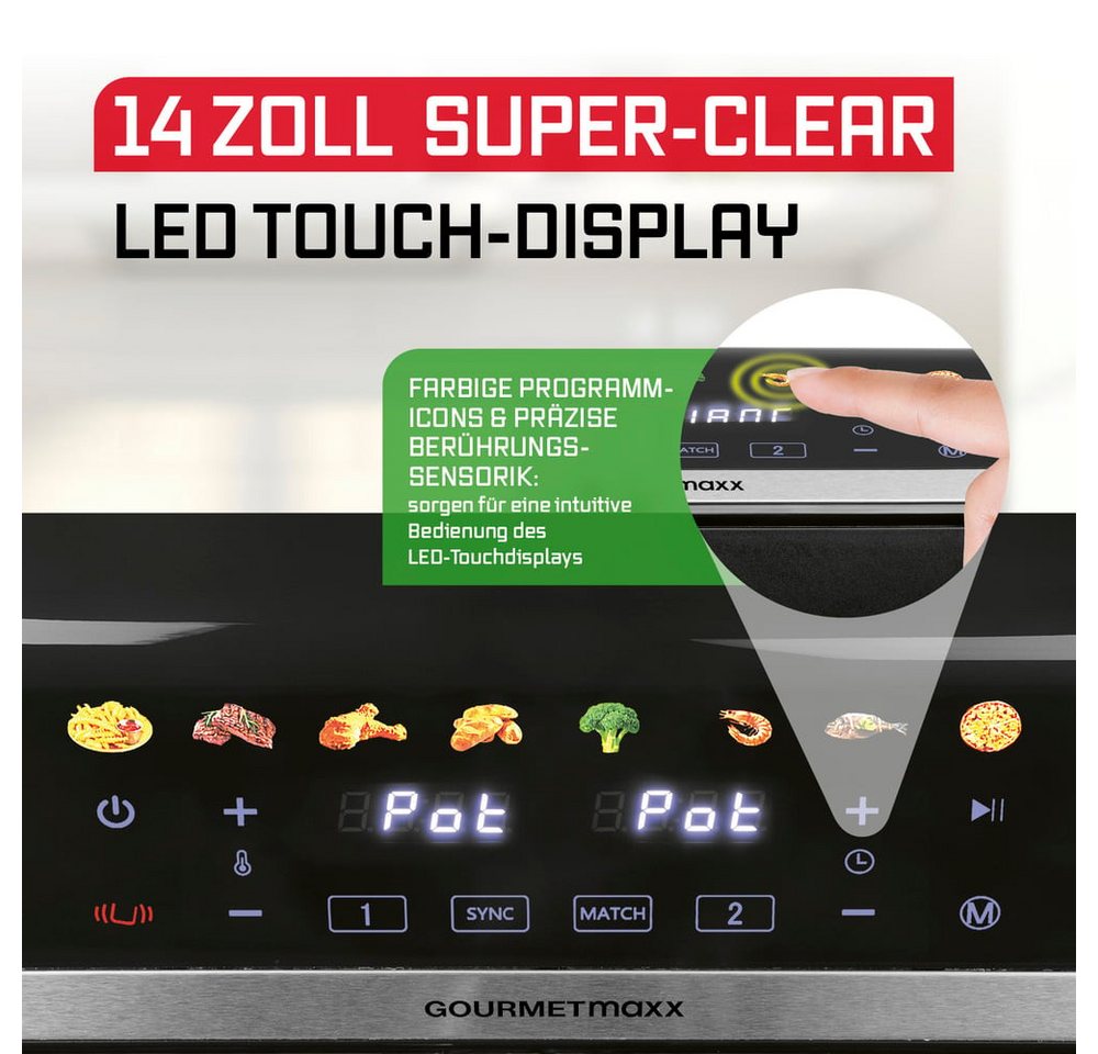 GOURMETmaxx Heißluftfritteuse Airfryer mit Doppelkorb 2x 4,5l 2400W, 2400 W, 8 Programme Touchscreen Pommes Steak wenig Fett 2 Speisen gleichzeitig