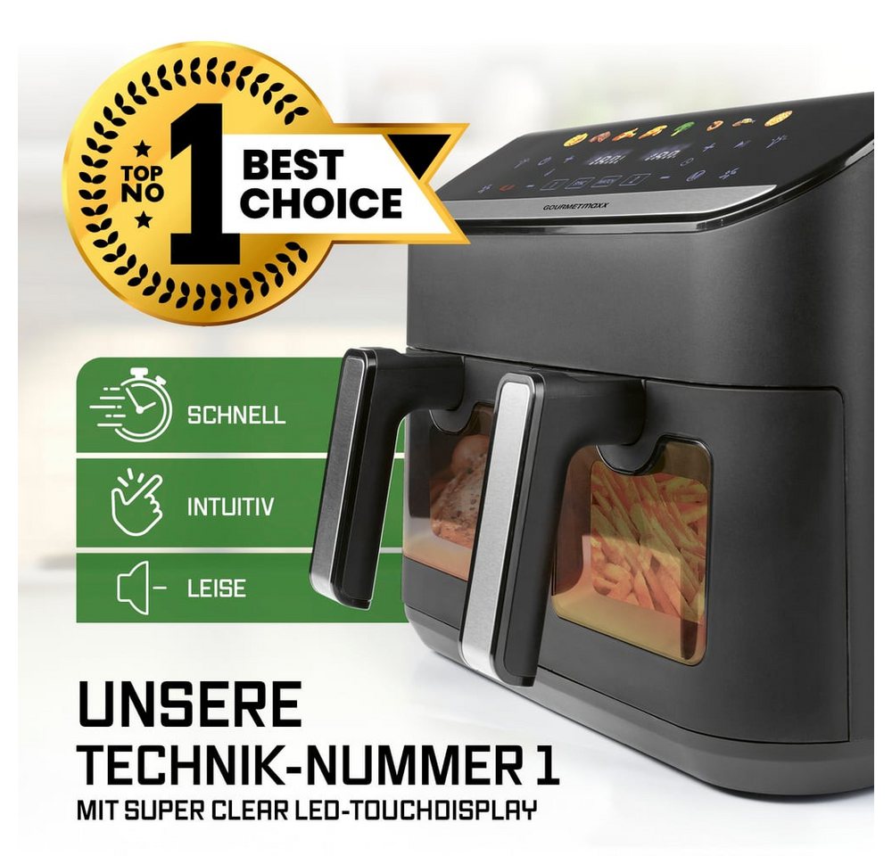 GOURMETmaxx Heißluftfritteuse Airfryer mit Doppelkorb 2x 4,5l 2400W, 2400 W, 8 Programme Touchscreen Pommes Steak wenig Fett 2 Speisen gleichzeitig Bild 3