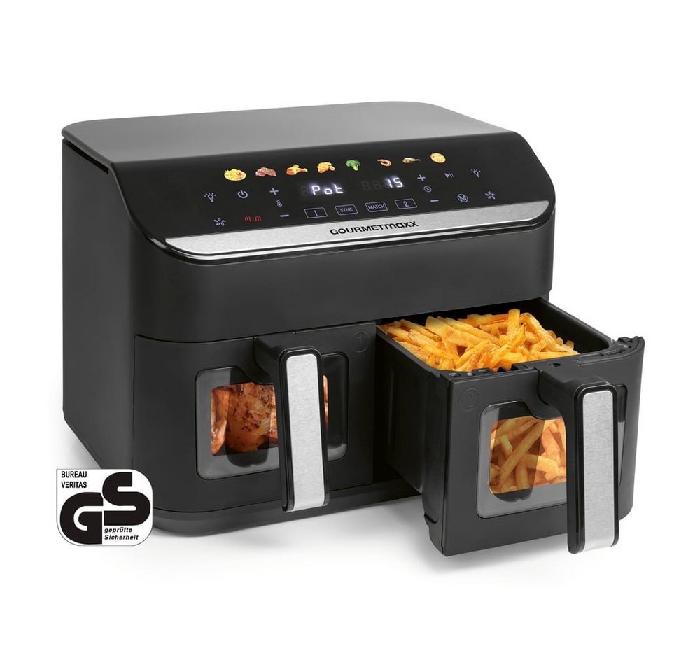 GOURMETmaxx Heißluftfritteuse Airfryer mit Doppelkorb 2x 4,5l 2400W, 2400 W, 8 Programme Touchscreen Pommes Steak wenig Fett 2 Speisen gleichzeitig Bild 4