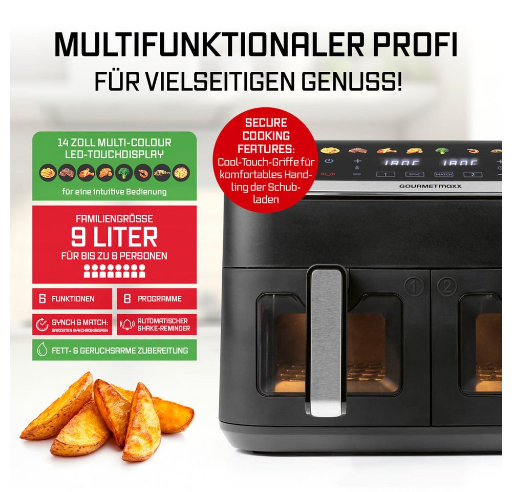 GOURMETmaxx Heißluftfritteuse Airfryer mit Doppelkorb 2x 4,5l 2400W, 2400 W, 8 Programme Touchscreen Pommes Steak wenig Fett 2 Speisen gleichzeitig Bild 5