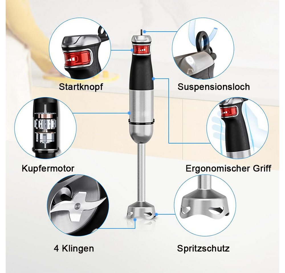 TUWENA Stabmixer Stabmixer 6-in-1 Pürierstab Set, Edelstahl Handheld Blender, 1200 W, Mit 3 Edelstahl -Agitatoren und 2 Rührbehältern